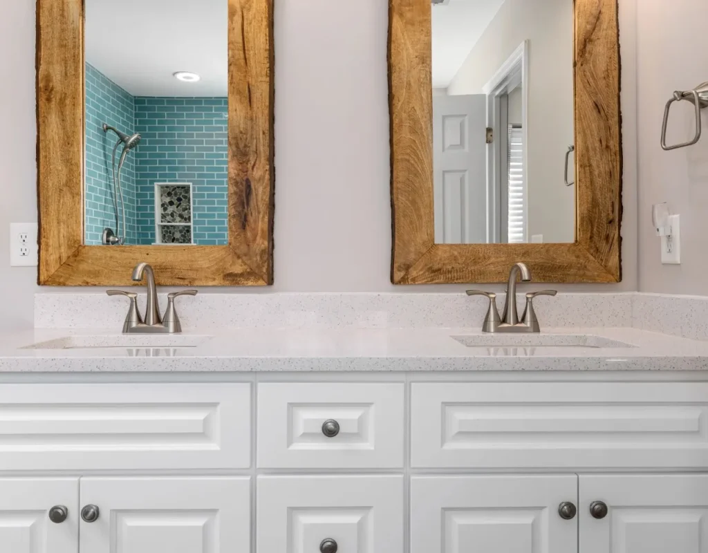 Remodeled half bath with compact vanity storage and organized counter space in New Lenox, IL. powder room remodel near me