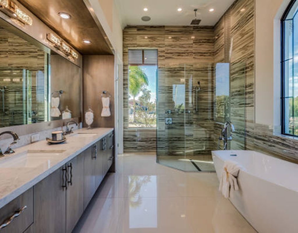 Modern tile and vanity installation during Darien bathroom remodel