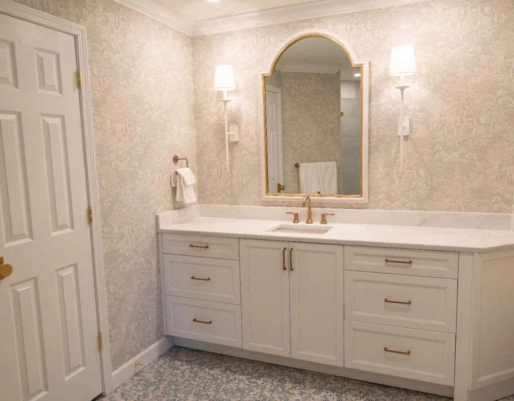 Functional powder room upgrades with improved storage and lighting in Orland Park, IL.